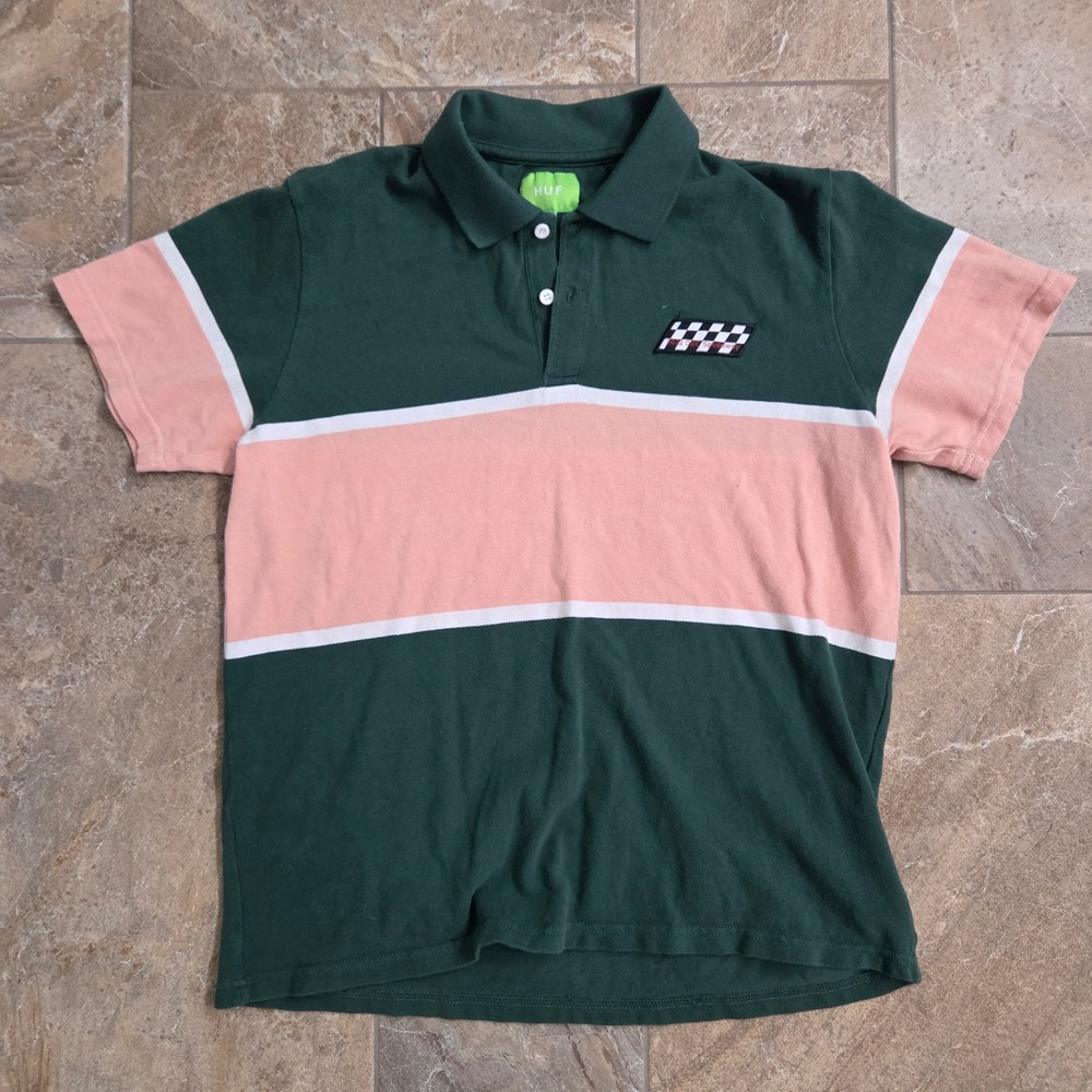 HUF‎ Green Pink White Checkerboard Patch Rugby Polo Shirt Size Men Medium